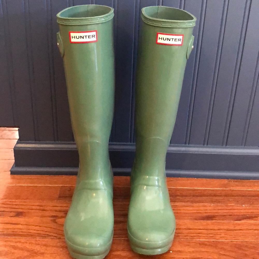 Mint green Hunter boots. Tall, gloss